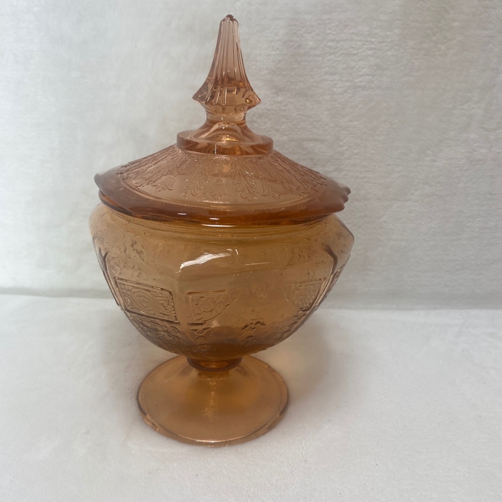 VTG Reproduction Depression Glass Footed Compote Dish Candy Jar Embossed Floral‎